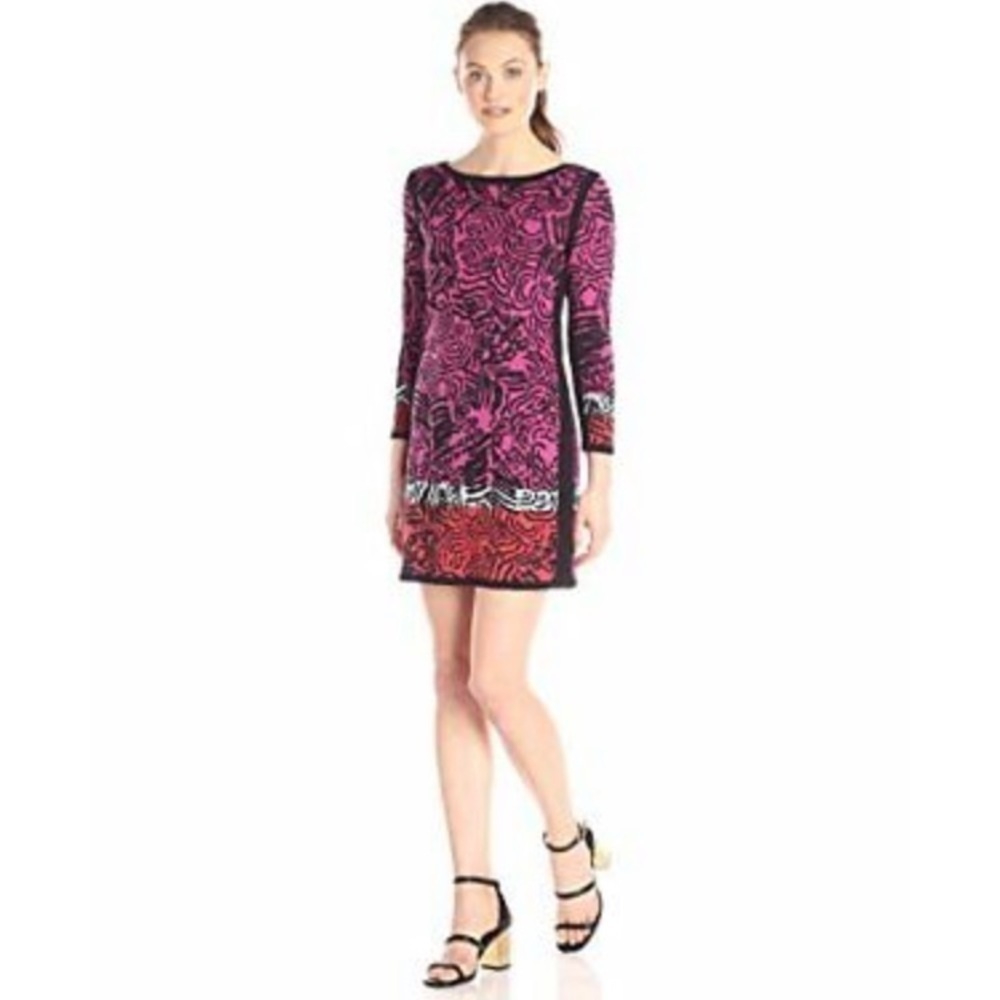 - NIC + ZOE Red Pink Black Knit Dress Abstract Animal Print